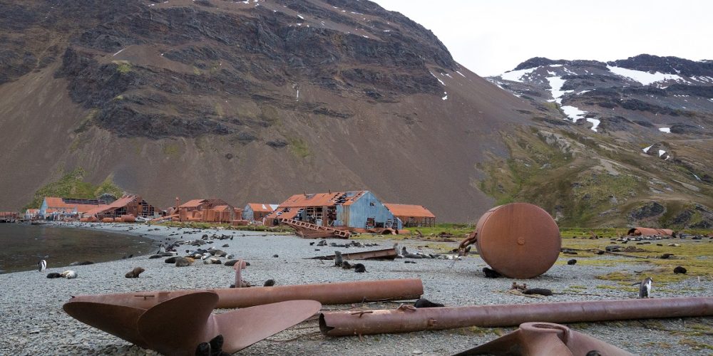 Old rusting machinery sits in Stromness Whaling Station in South Georgia